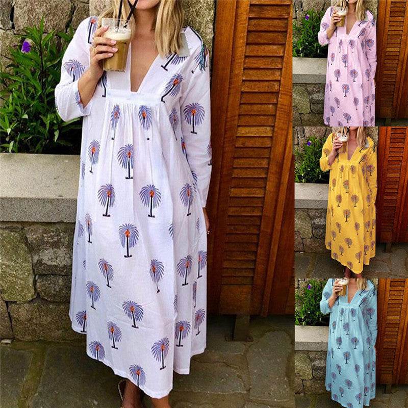 Maternity Dress V-neck Printed Maxi Dress - Mubimart