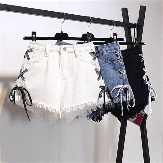 Vintage Snowflake Inelastic Women Denim Shorts With high Waist Straps Tassel Female Summer Shorts For Women's jeans - Mubimart