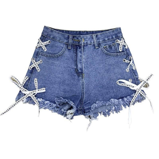 Vintage Snowflake Inelastic Women Denim Shorts With high Waist Straps Tassel Female Summer Shorts For Women's jeans - Mubimart