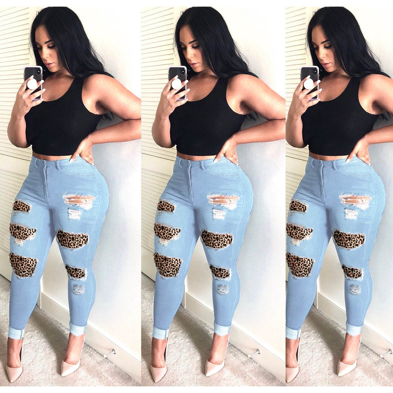 New European And American Wish Cross-Border Ebay Amazon Personality Big Hole Skinny Jeans Women - Mubimart