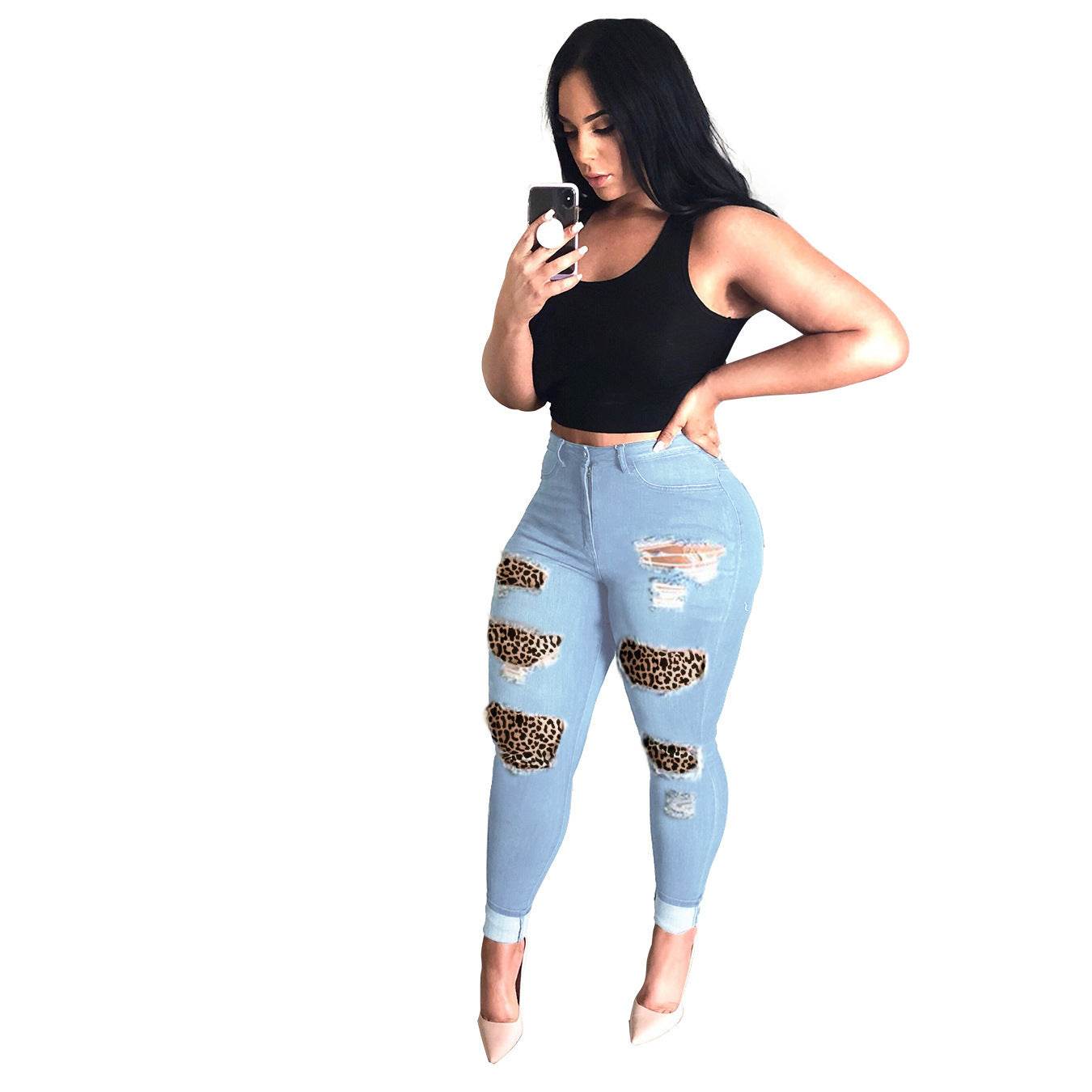 New European And American Wish Cross-Border Ebay Amazon Personality Big Hole Skinny Jeans Women - Mubimart
