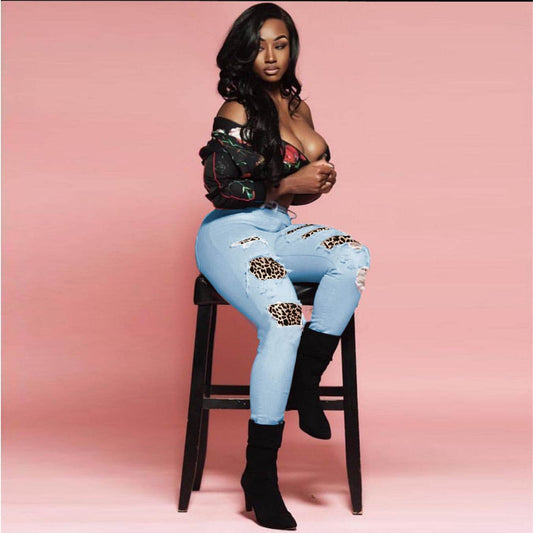 New European And American Wish Cross-Border Ebay Amazon Personality Big Hole Skinny Jeans Women - Mubimart