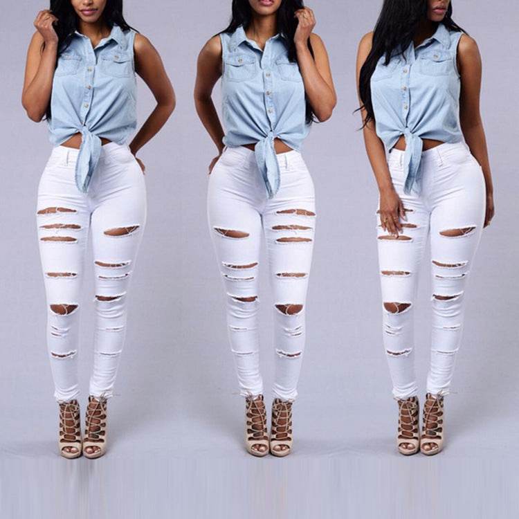 High Quality Women Casual Hole Jeans High Waist Skinny Pant Pencil Jeans Ripped Sexy Female Girls Trousers Denim Jeans - Mubimart