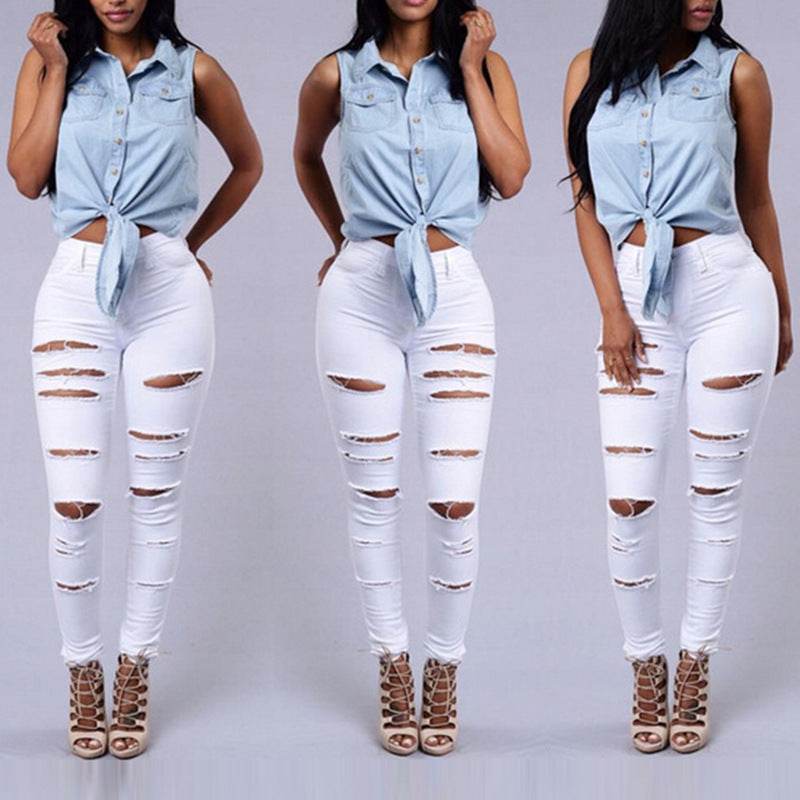 High Quality Women Casual Hole Jeans High Waist Skinny Pant Pencil Jeans Ripped Sexy Female Girls Trousers Denim Jeans - Mubimart