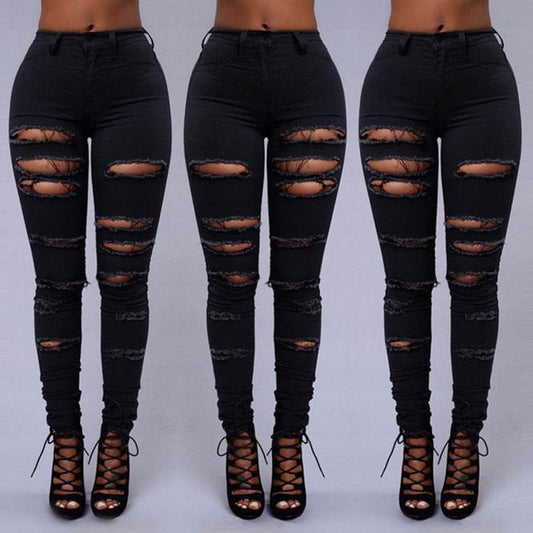High Quality Women Casual Hole Jeans High Waist Skinny Pant Pencil Jeans Ripped Sexy Female Girls Trousers Denim Jeans - Mubimart