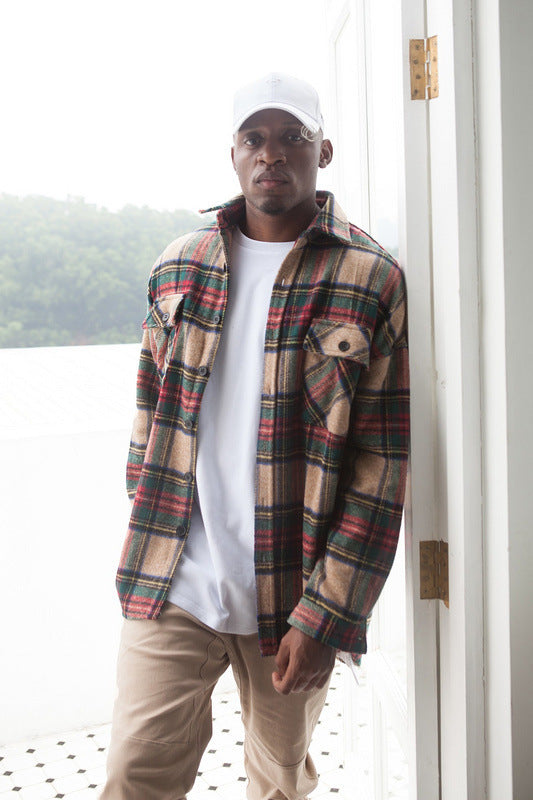 Knitted Woolen Shirt Jacket Hip-hop Plaid Shirt