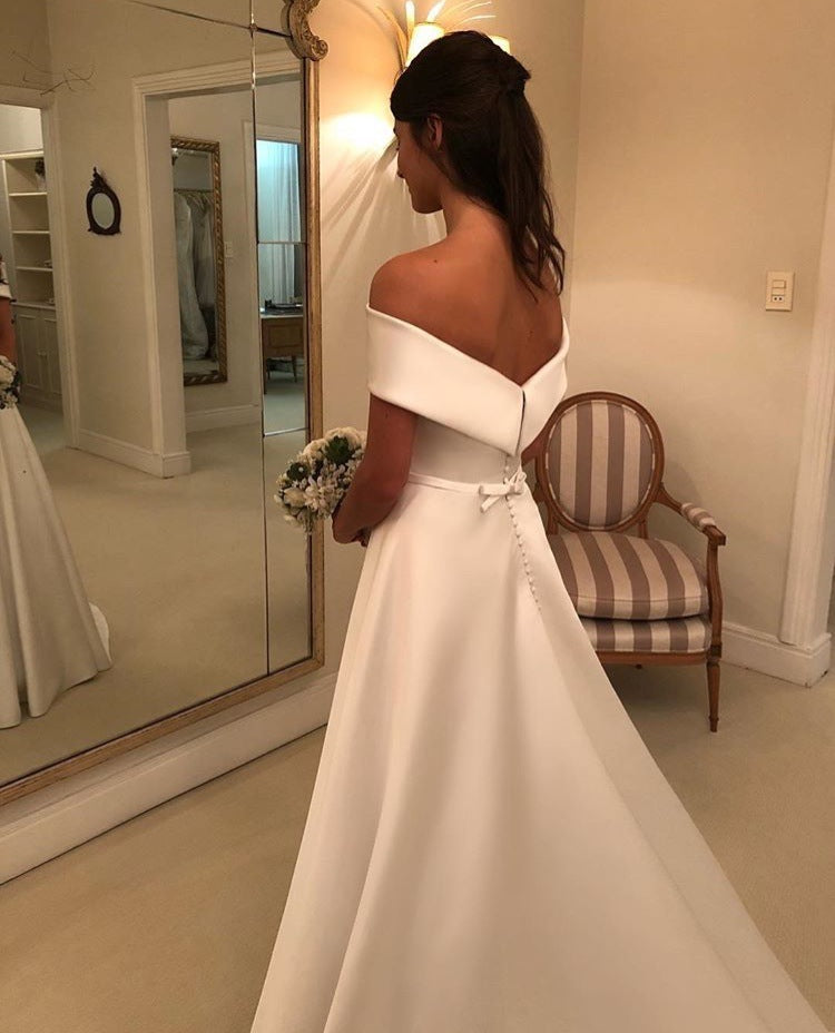 Simple A Line Wedding Dresses Satin Off The Shoulder Wedding Bridal Gowns Sweep Train Casual Dresses Zipper With Buttons Back - Mubimart -  