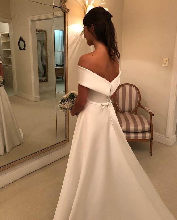 Simple A Line Wedding Dresses Satin Off The Shoulder Wedding Bridal Gowns Sweep Train Casual Dresses Zipper With Buttons Back - Mubimart