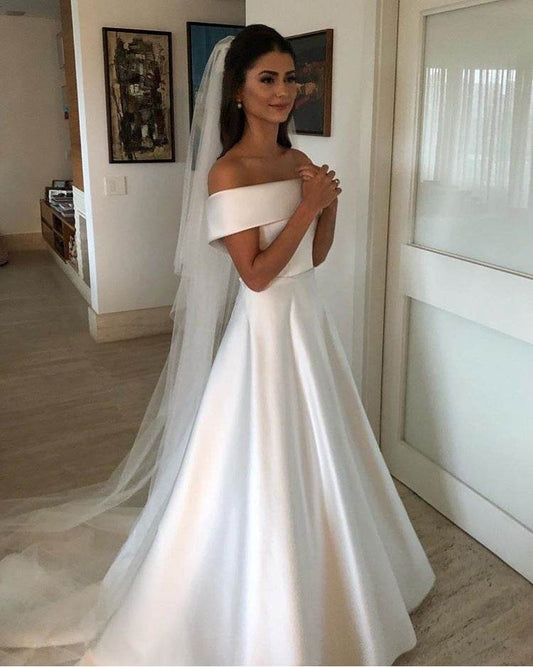 Simple A Line Wedding Dresses Satin Off The Shoulder Wedding Bridal Gowns Sweep Train Casual Dresses Zipper With Buttons Back - Mubimart