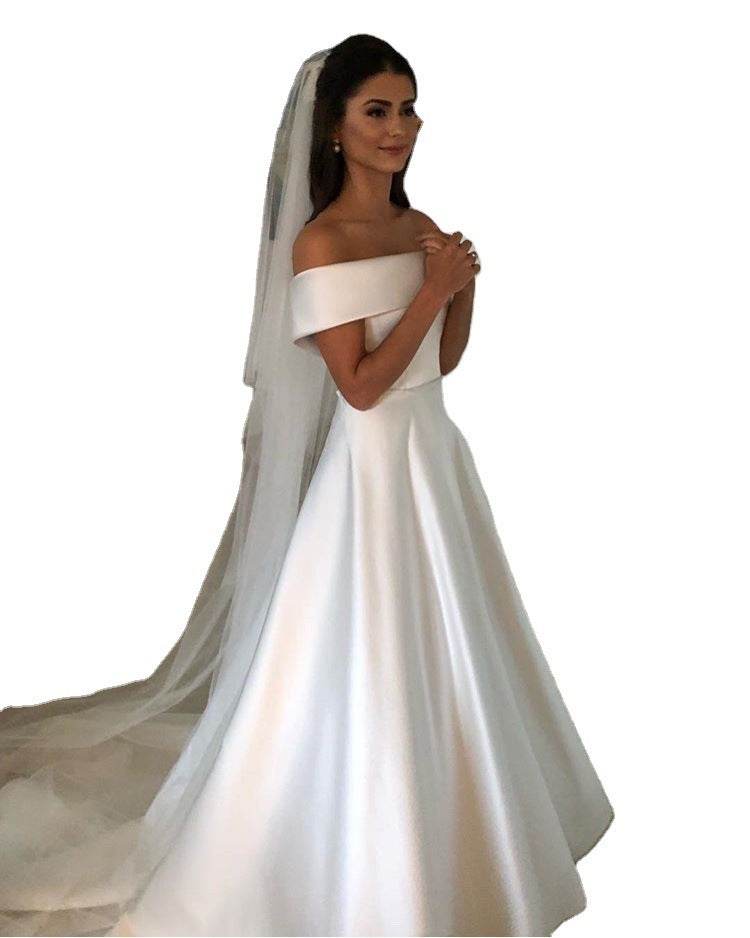 Simple A Line Wedding Dresses Satin Off The Shoulder Wedding Bridal Gowns Sweep Train Casual Dresses Zipper With Buttons Back - Mubimart