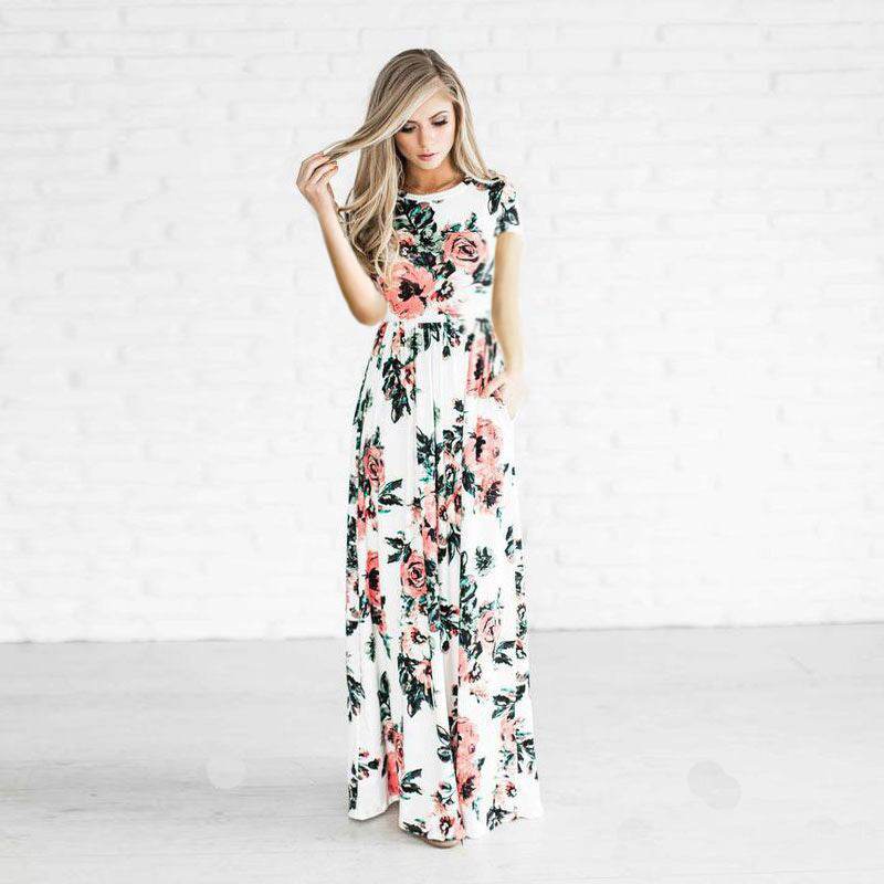 Boho Beach Maxi-Dress Vestidos Floral-Print Evening-Party Female White Plus-Size Women Summer - Mubimart
