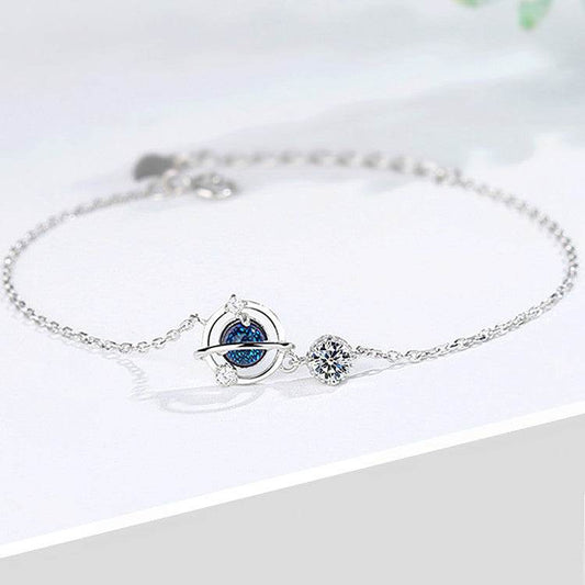 Silver Color Jewelry Dream Blue Zircon Universe Planet Star Charm Bracelet Cabochon Link Chain For Women - Mubimart