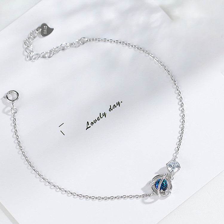 Silver Color Jewelry Dream Blue Zircon Universe Planet Star Charm Bracelet Cabochon Link Chain For Women - Mubimart