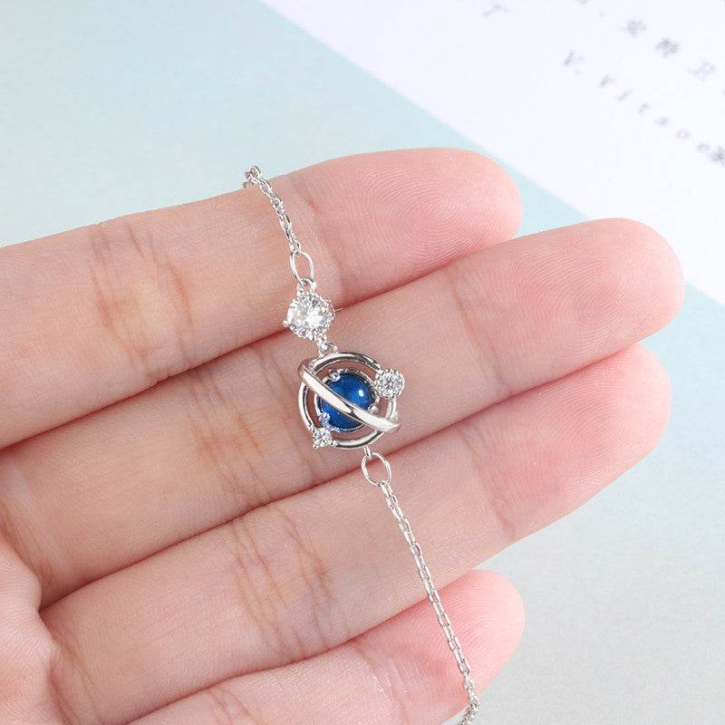 Silver Color Jewelry Dream Blue Zircon Universe Planet Star Charm Bracelet Cabochon Link Chain For Women - Mubimart