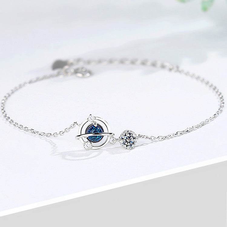 Silver Color Jewelry Dream Blue Zircon Universe Planet Star Charm Bracelet Cabochon Link Chain For Women - Mubimart
