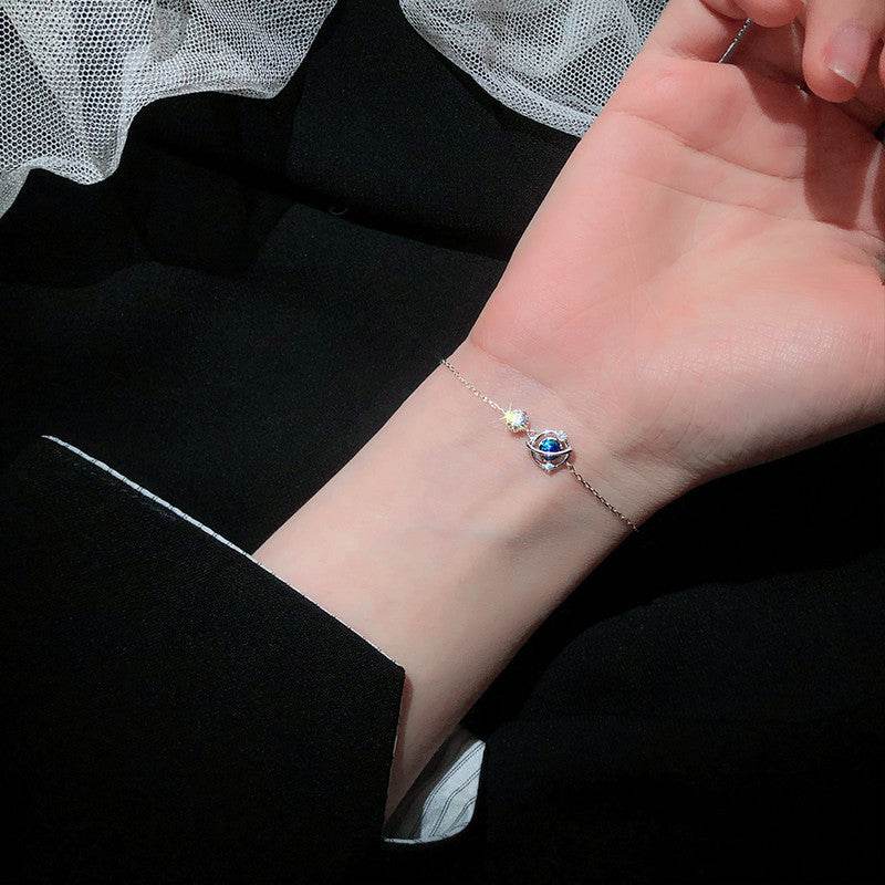 Silver Color Jewelry Dream Blue Zircon Universe Planet Star Charm Bracelet Cabochon Link Chain For Women - Mubimart