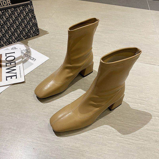 Square Toe Thin Boots Elastic Boots Mid-Heel Martin Boots Women - Mubimart