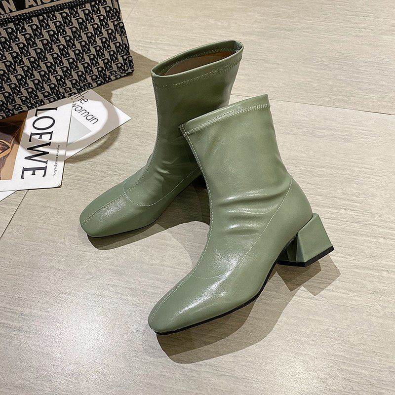 Square Toe Thin Boots Elastic Boots Mid-Heel Martin Boots Women - Mubimart