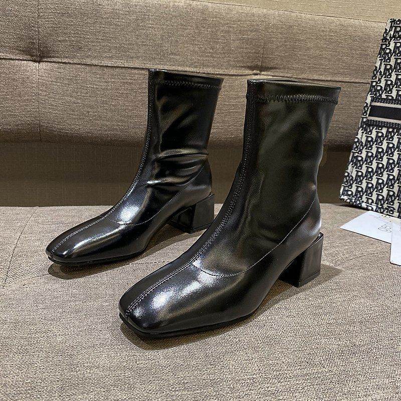 Square Toe Thin Boots Elastic Boots Mid-Heel Martin Boots Women - Mubimart