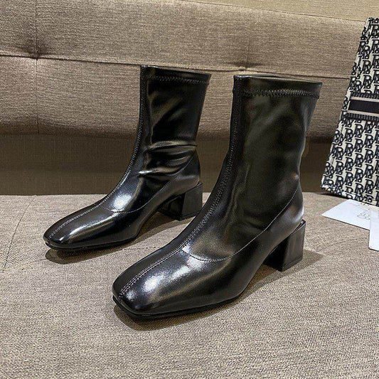 Square Toe Thin Boots Elastic Boots Mid-Heel Martin Boots Women - Mubimart