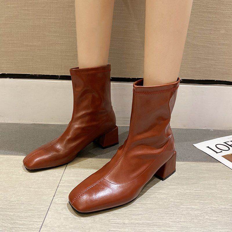 Square Toe Thin Boots Elastic Boots Mid-Heel Martin Boots Women - Mubimart