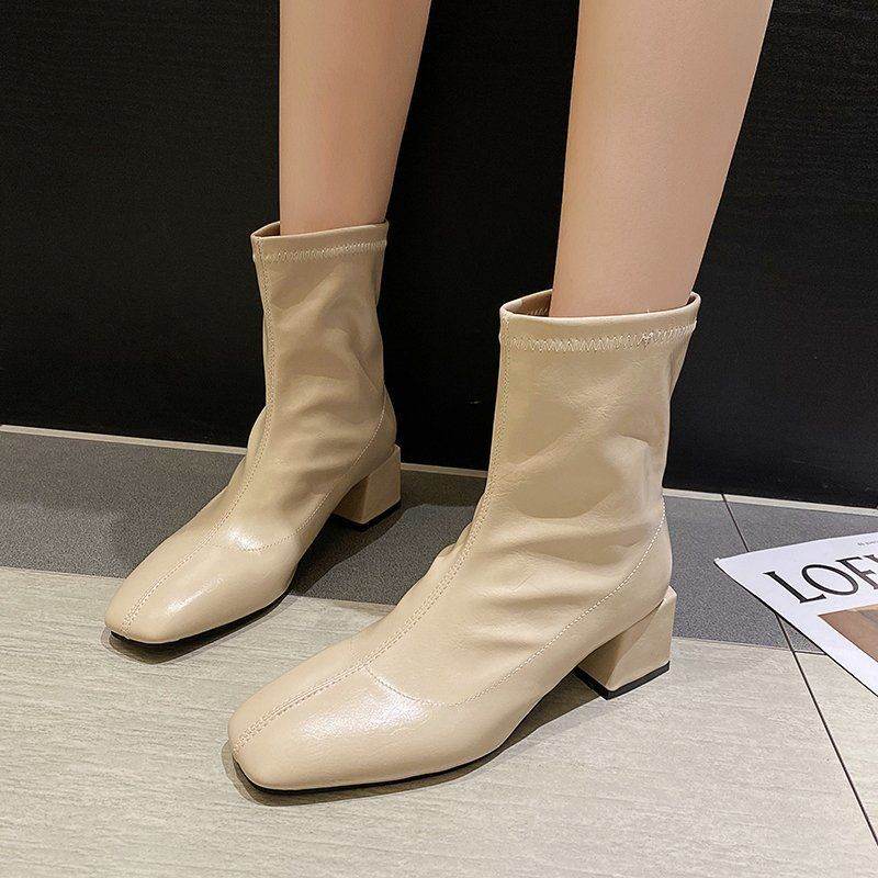 Square Toe Thin Boots Elastic Boots Mid-Heel Martin Boots Women - Mubimart