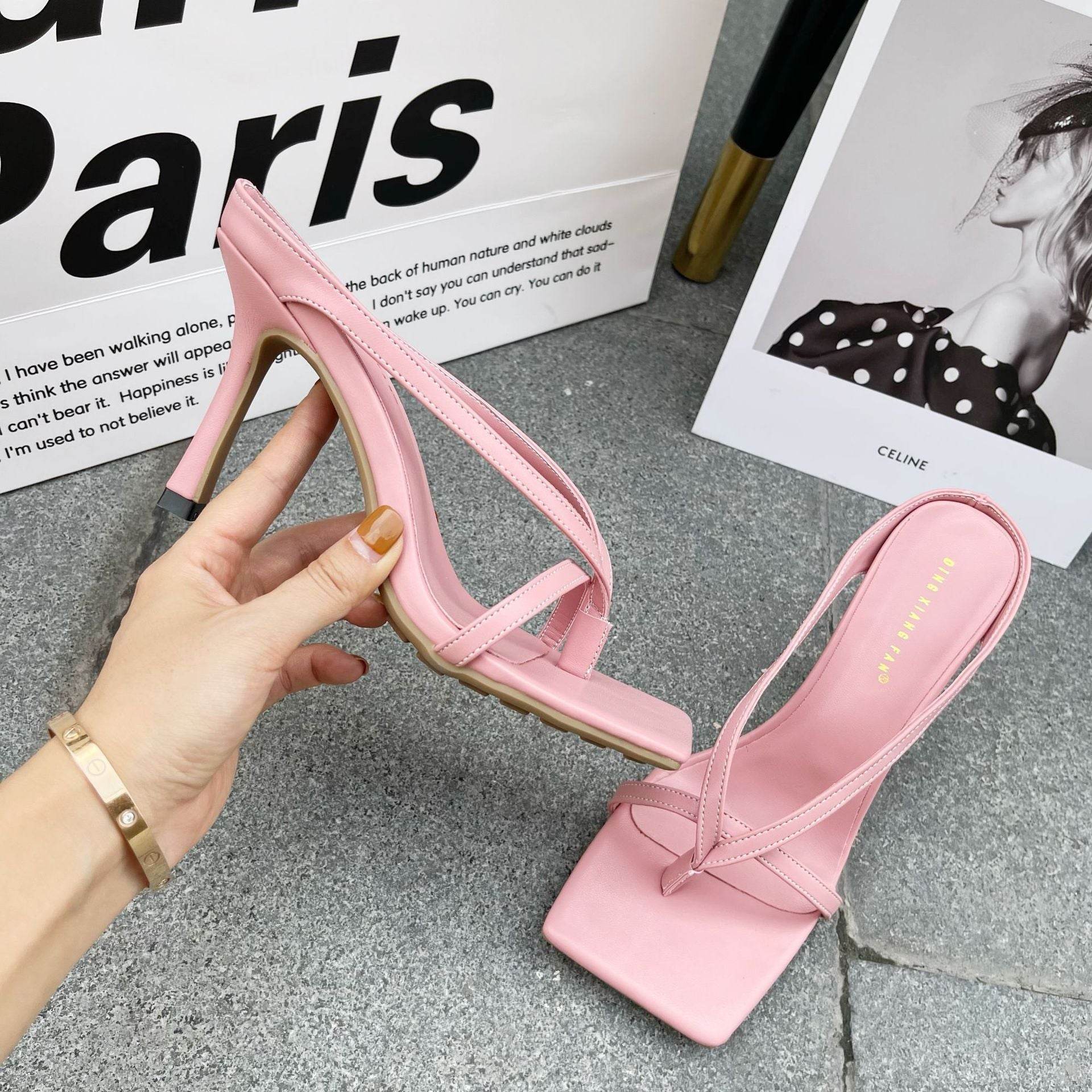 Candy-Colored Strappy Mid-Heel Sandals Catwalk Style Square Toe Flip-Flops - Mubimart