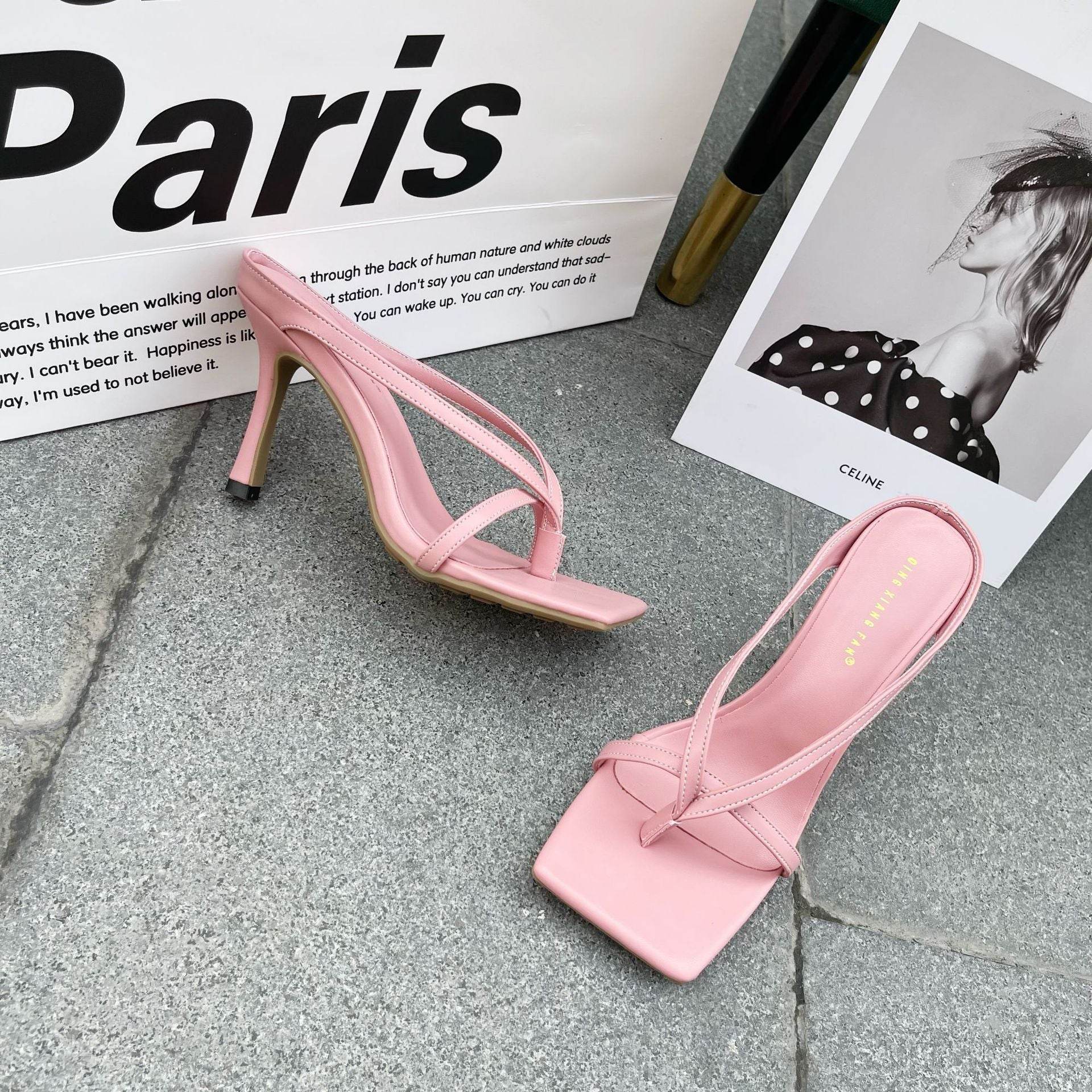 Candy-Colored Strappy Mid-Heel Sandals Catwalk Style Square Toe Flip-Flops - Mubimart