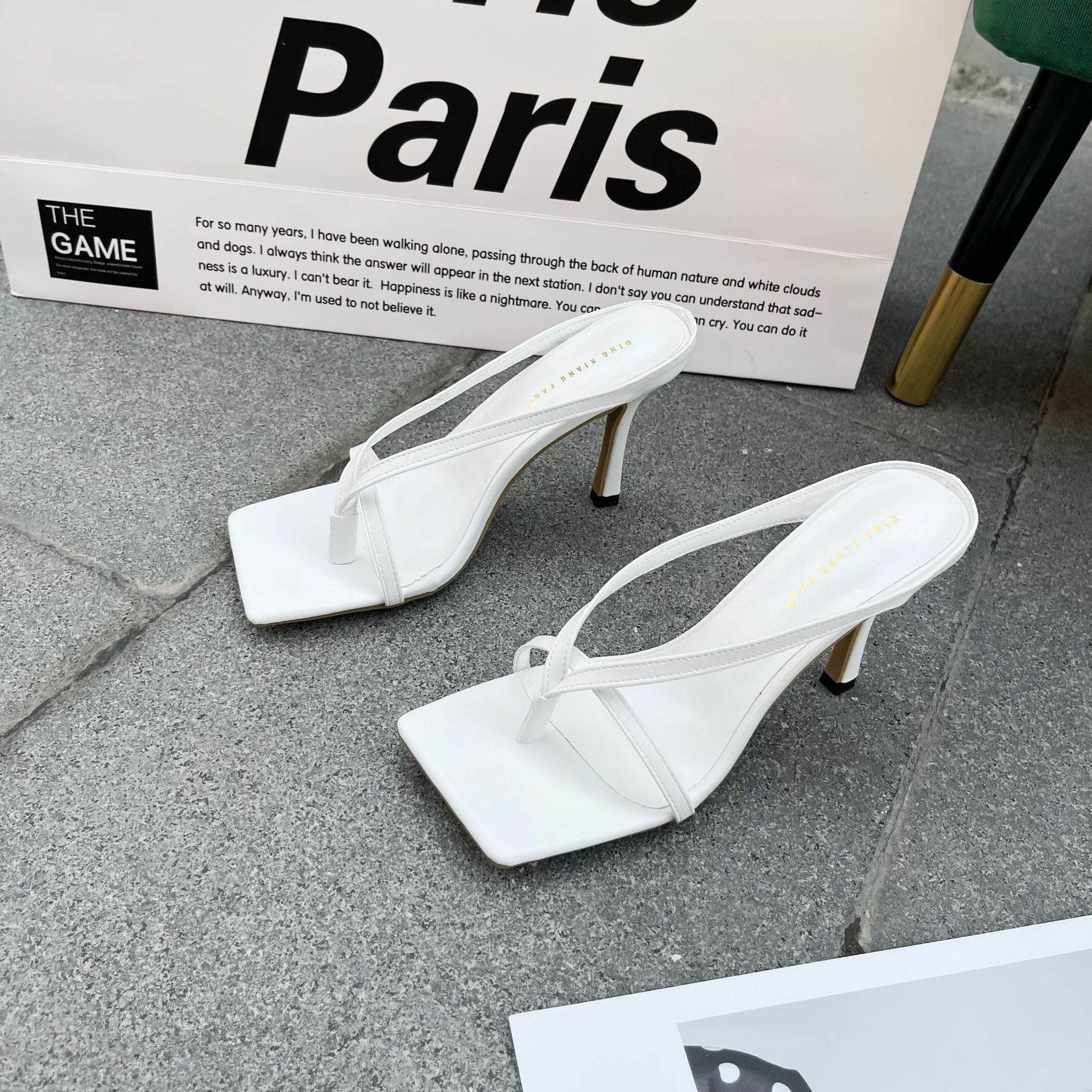 Candy-Colored Strappy Mid-Heel Sandals Catwalk Style Square Toe Flip-Flops - Mubimart