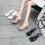 Candy-Colored Strappy Mid-Heel Sandals Catwalk Style Square Toe Flip-Flops - Mubimart