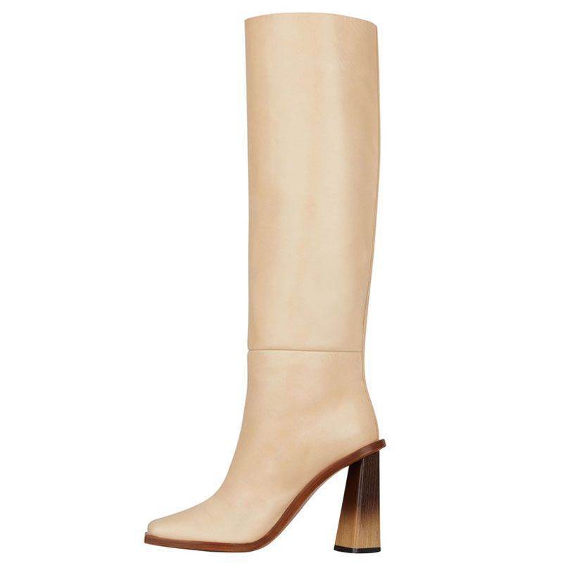 Square toe chunky heel mid boots - Mubimart