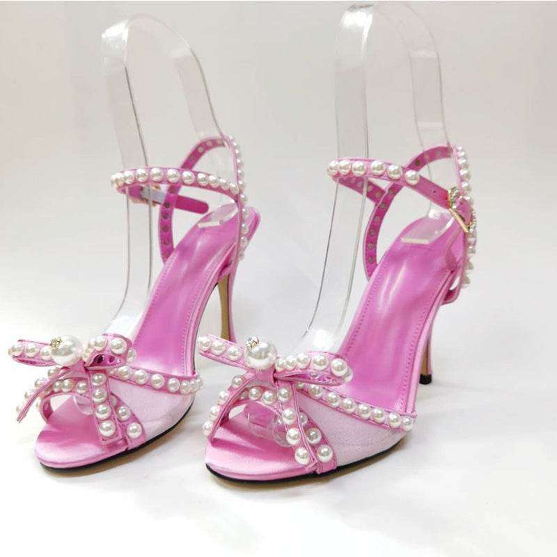 Amazon Hot Sale Pearl Sandals Fashion Bow Stilettos Temperament Buckle Dinner High Heels - Mubimart