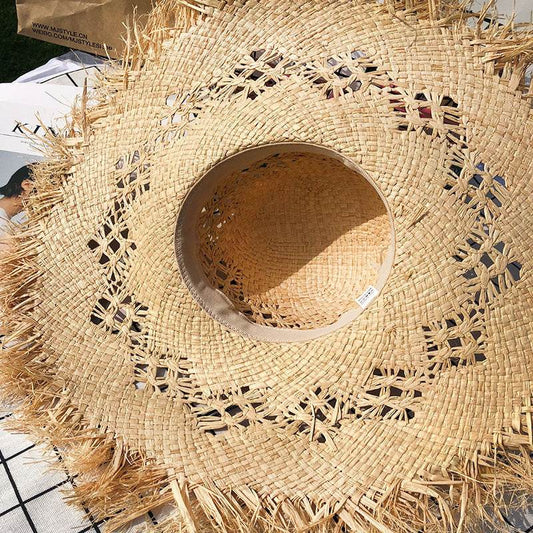 Women Summer Natural Raffia Straw Hat Girl Fashion Ribbon Floppy Shading Panama Wide Brim Sun Hats Vacation Travel Beach Hat - Mubimart