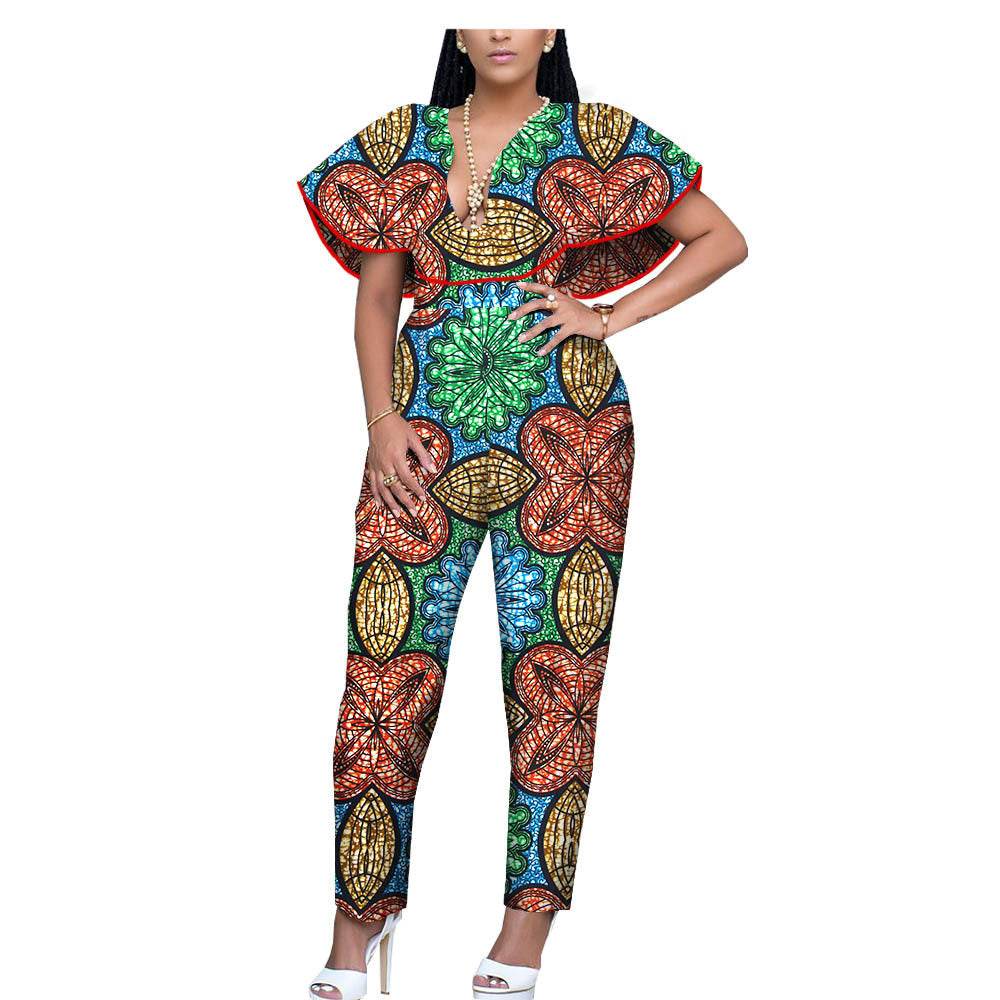 African Ethnic Printing Batik Cotton Plus Size Fashion Jumpsuit - Mubimart