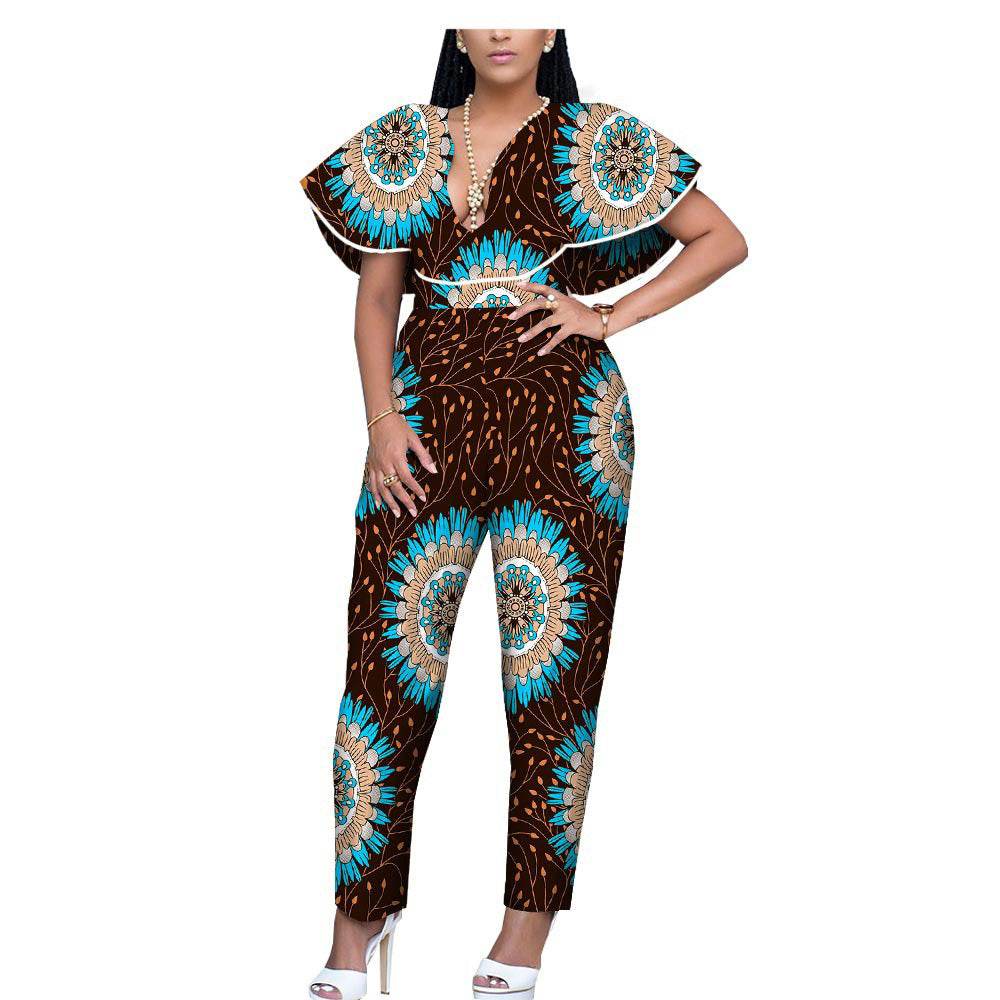 African Ethnic Printing Batik Cotton Plus Size Fashion Jumpsuit - Mubimart