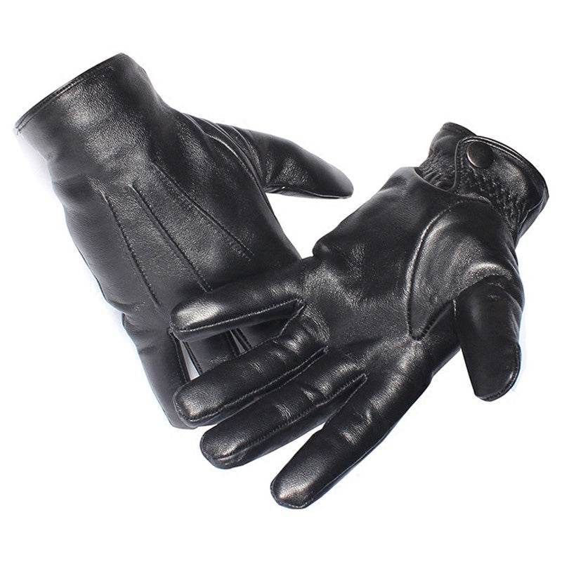 Leather Gloves Men Winter Warmth Thickened Plus Velvet Touch Screen Sheepskin Button Gloves Men - Mubimart