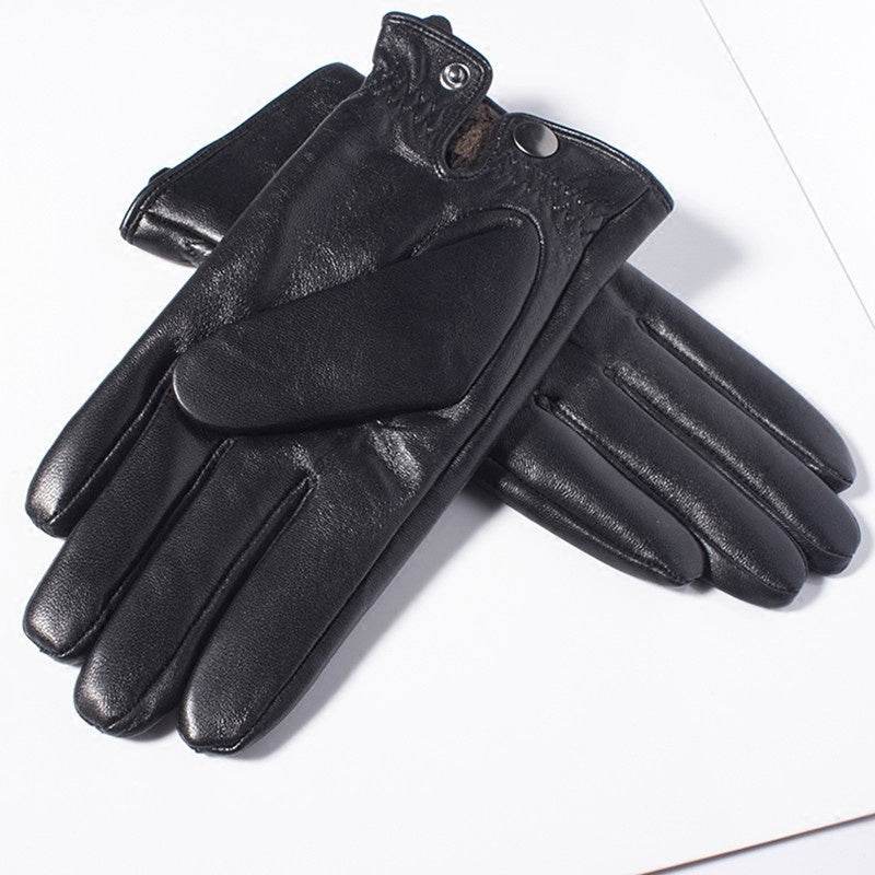 Leather Gloves Men Winter Warmth Thickened Plus Velvet Touch Screen Sheepskin Button Gloves Men - Mubimart