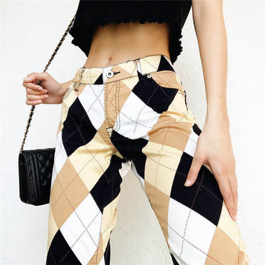 Plaid Multi Color Block Cargo Pants Women Vintage Trousers - Mubimart