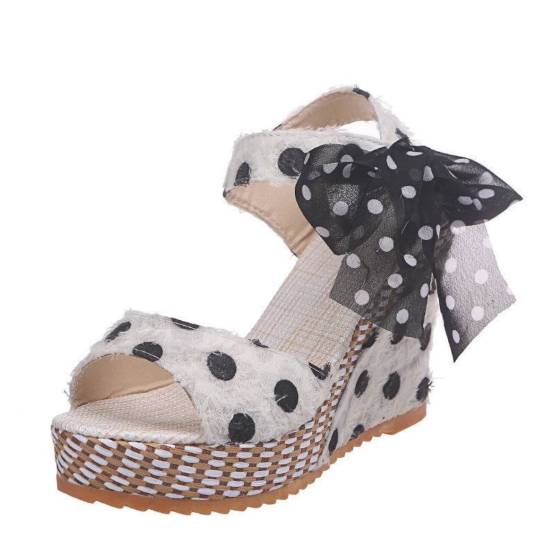 Wedge Heel Buckle Polka Dot Sandals - Mubimart