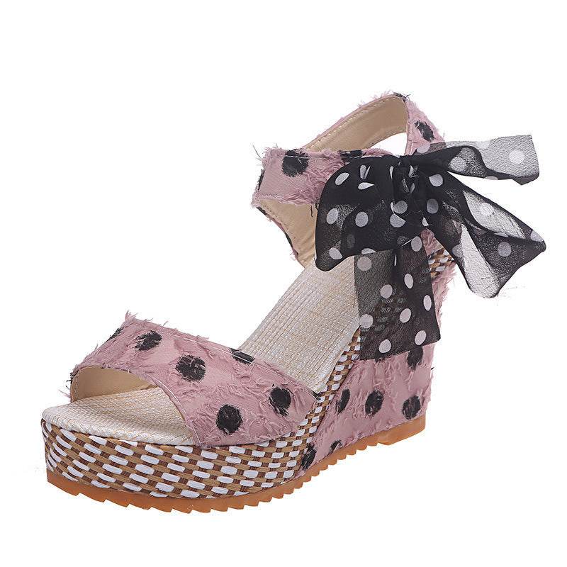 Wedge Heel Buckle Polka Dot Sandals - Mubimart