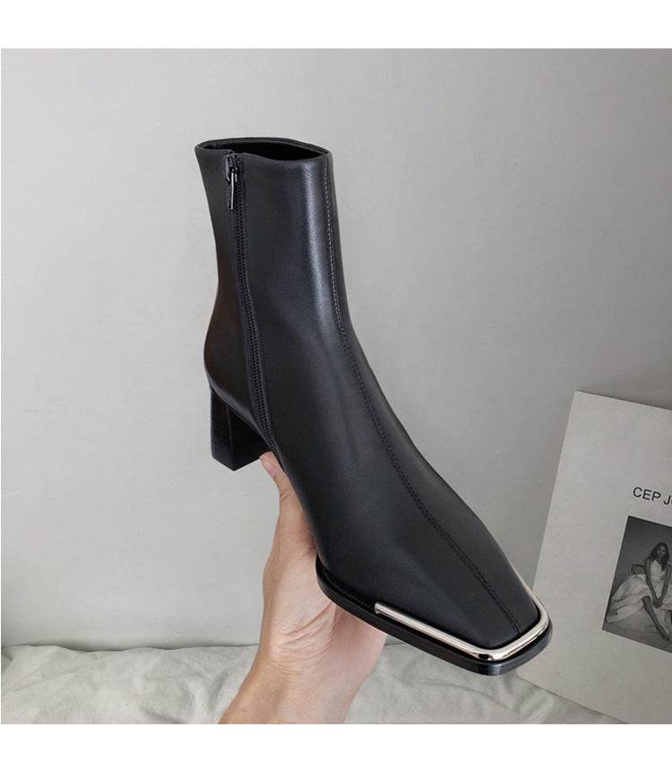 All-leather Square-Toe Zipper Thick Heel Single Boot Ankle Boots - Mubimart
