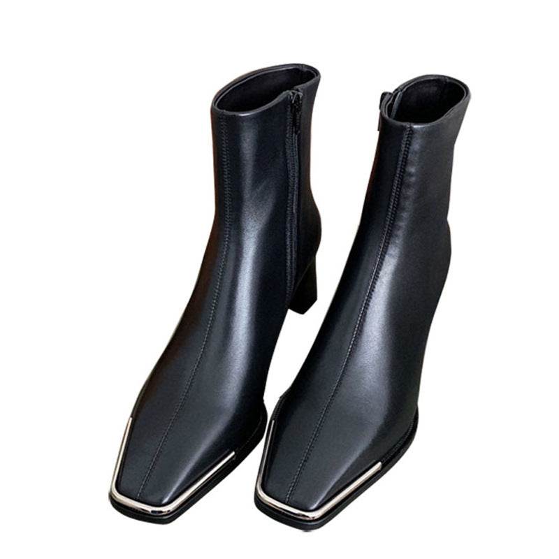 All-leather Square-Toe Zipper Thick Heel Single Boot Ankle Boots - Mubimart
