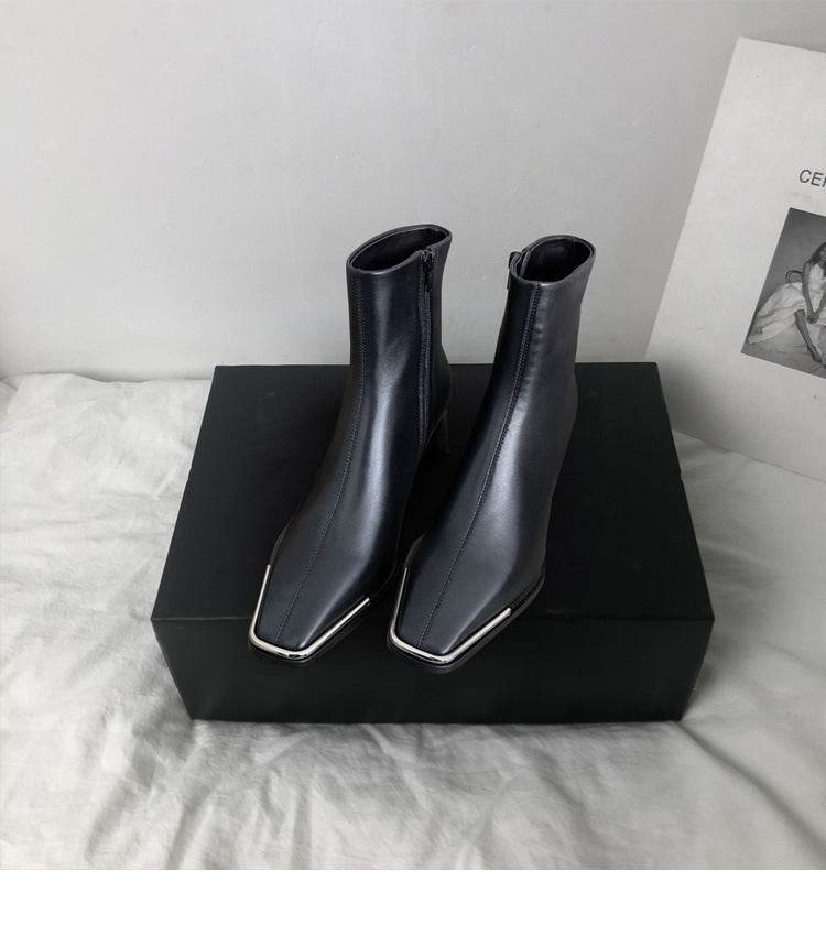 All-leather Square-Toe Zipper Thick Heel Single Boot Ankle Boots - Mubimart