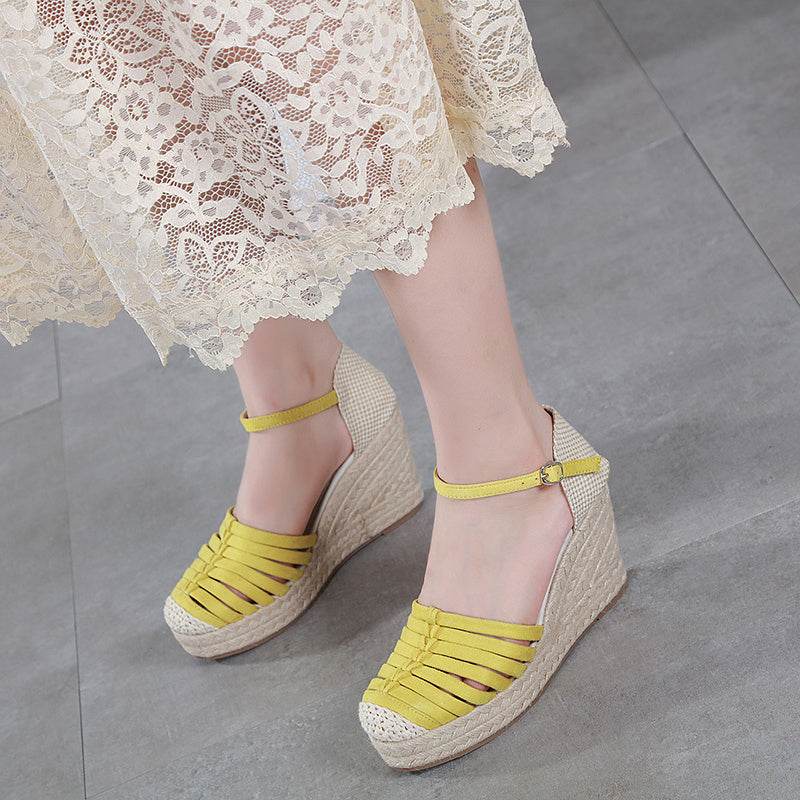 Summer New Thick-Soled Espadrille Wedges High Heels Hemp Rope Sandals Female Roman Shoes - Mubimart