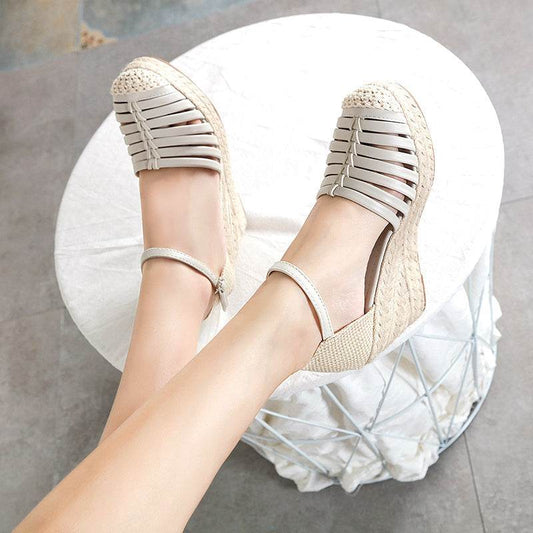 Summer New Thick-Soled Espadrille Wedges High Heels Hemp Rope Sandals Female Roman Shoes - Mubimart