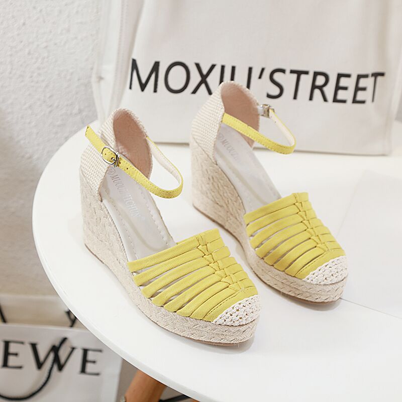 Zomer Nieuwe Dikke Zolen Espadrille Wedges Hoge Hakken Hennep Touw Sandalen Vrouwelijke Romeinse Schoenen