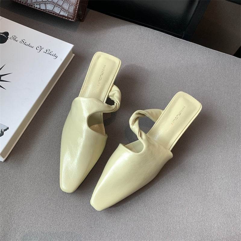 Fashion Pointed Toe Slippers Women Slip On Mules Med Heels - Mubimart