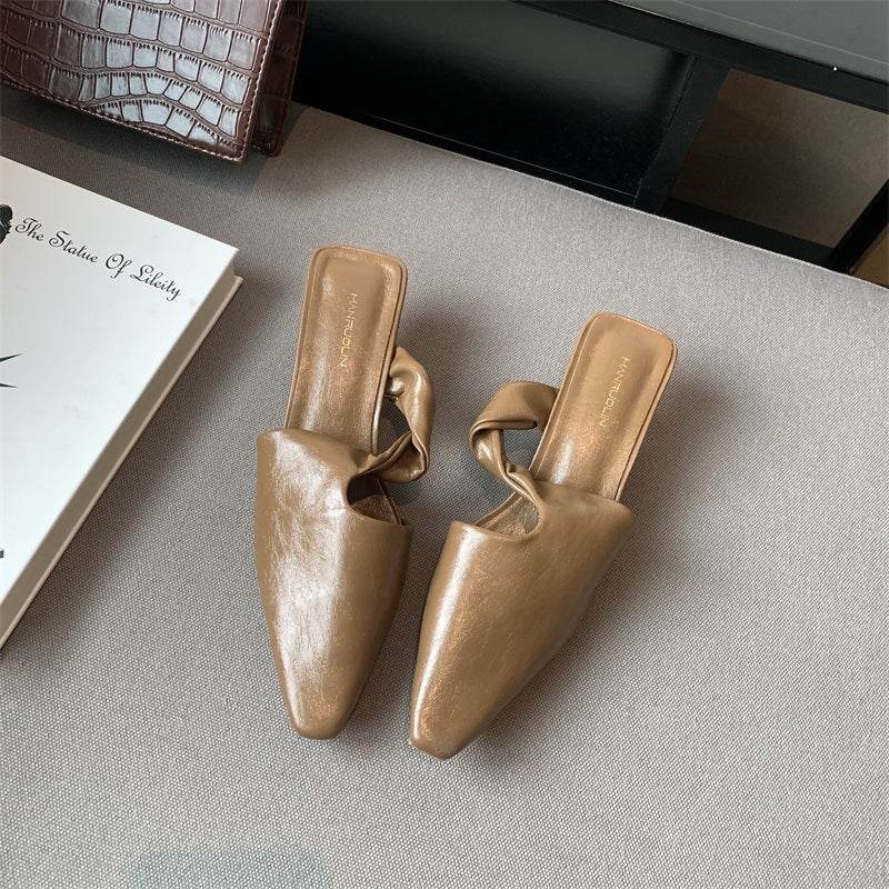 Fashion Pointed Toe Slippers Women Slip On Mules Med Heels - Mubimart