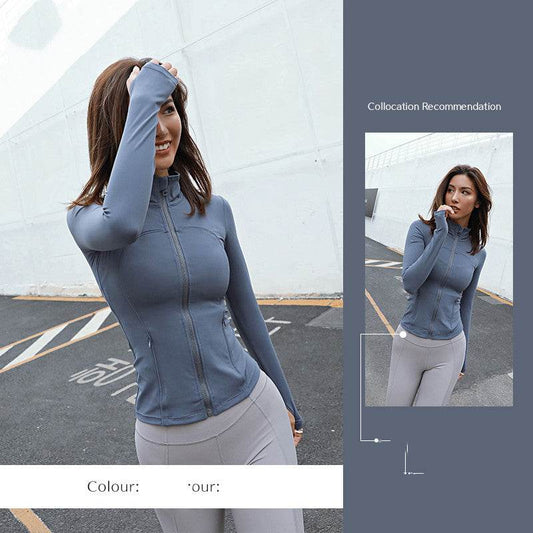Long-Sleeved Zipper Sports Top Women's Stretch Tights Workout Clothes - Mubimart