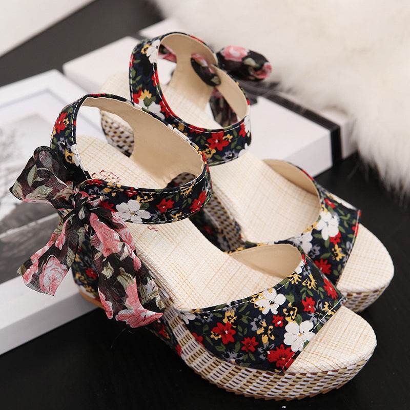 Floral Bowknot Design Wedge Sandals - Mubimart